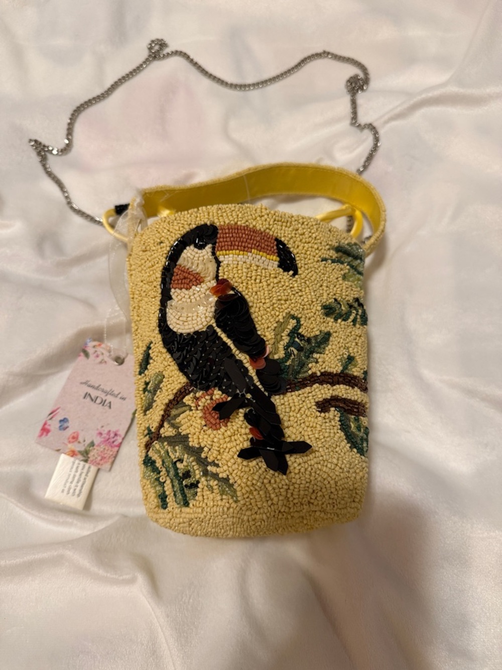 Beaded Toucan Crossbody Bag in Yellow